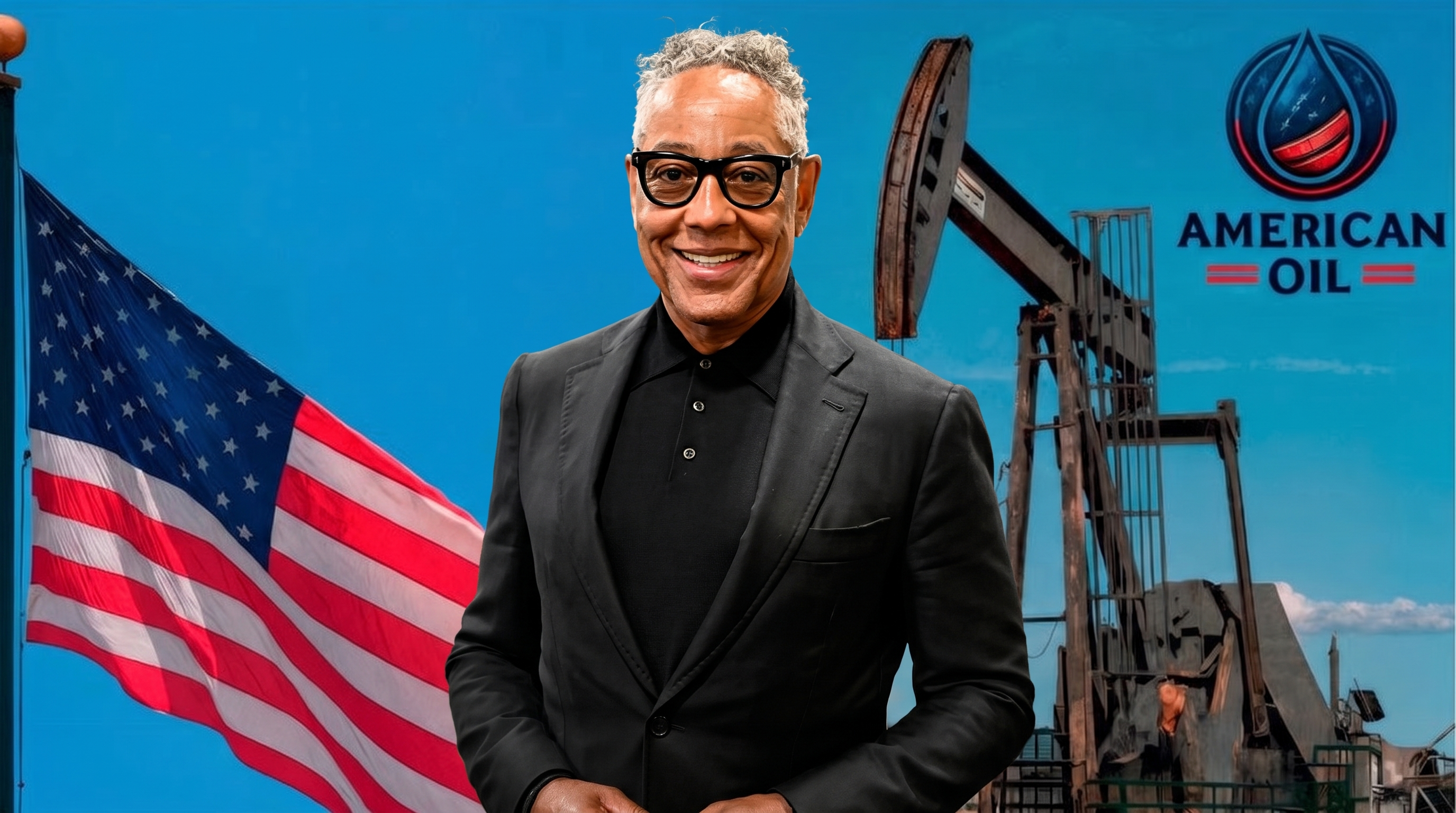 Giancarlo Esposito accanto alla bandiera americana e a un pozzo petrolifero, con il marchio American Oil.